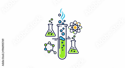 Stylized science lab icons test tubes, beakers, atom, molecules