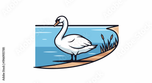 Stylized white swan by water with reeds and sand