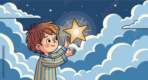 Child in pajamas reaching for a shining star in a cloudy night sky