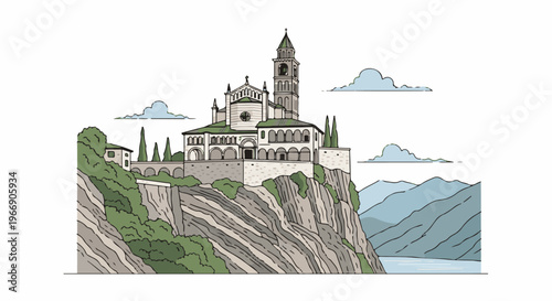 Cliffside sanctuary with a tall bell tower overlooks a serene lake