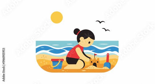 Child playing in sand by the ocean with sun and birds overhead