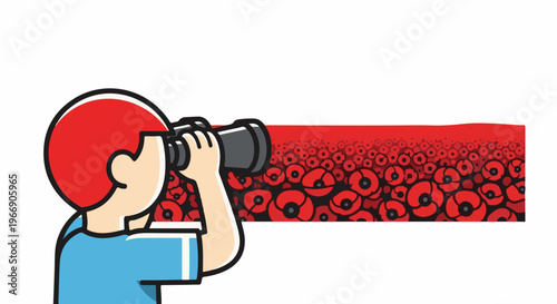 Child observing a field of poppies through binoculars