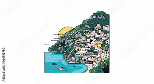 Cliffside town overlooking a turquoise bay under a yellow sun with boats