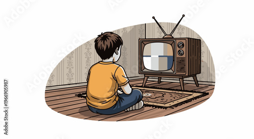 Child sits on floor watching vintage television with antennae
