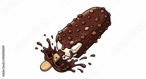 Chocolate-covered ice cream bar with a nutty coating and melting chocolate splash