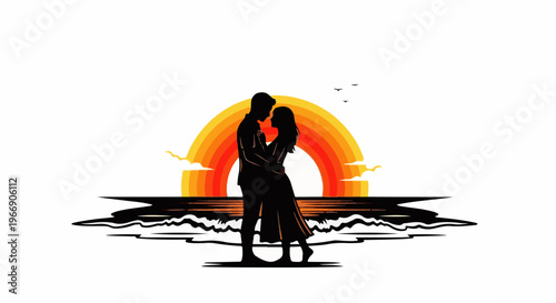 A silhouetted couple embraces on a beach with a vibrant rainbow sunset over the ocean