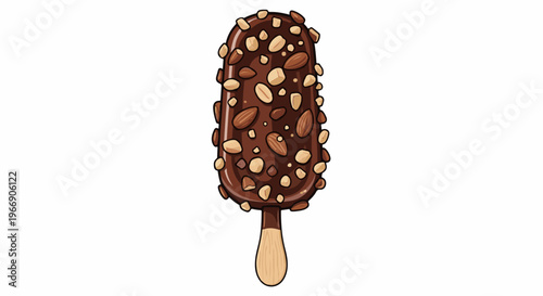 Chocolate-covered ice cream bar with crunchy nut topping on a wooden stick