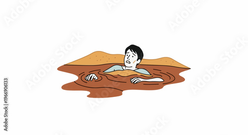 Person struggling in thick mud, showing signs of distress and fear