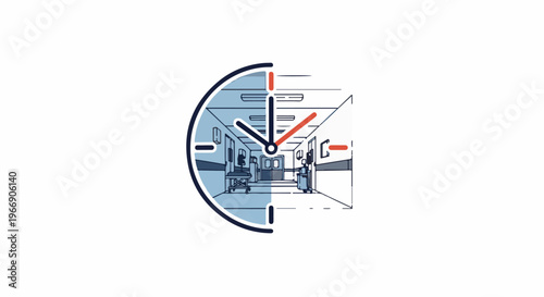 Clock face merges with hospital corridor, symbolizing medical time