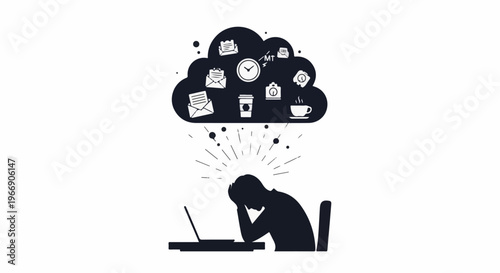 Overwhelmed person with laptop under a cloud of digital distractions and coffee