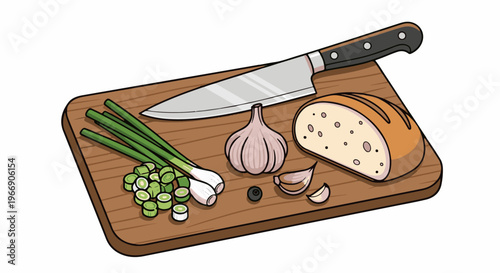Chopping board with sliced green onions, garlic, olive, and bread
