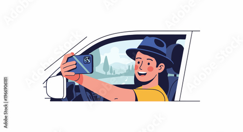 Person in hat takes selfie while driving car, scenic landscape outside