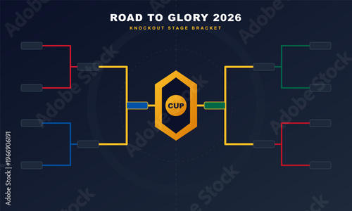 Hand-drawn digital knockout bracket dashboard for the 2026 world soccer tournament road to glory stage cup authentic illustration
