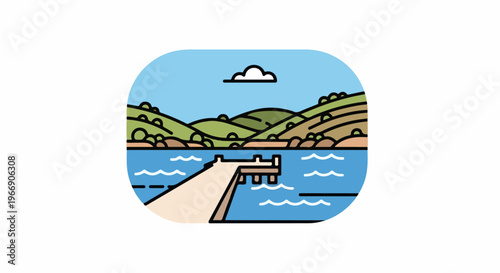 A serene landscape featuring a wooden dock extending into blue water, with rolling green hills