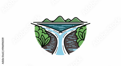 Stylized natural landscape with mountains, water, and trees