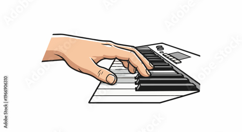 A hand presses keys on a musical keyboard with white background