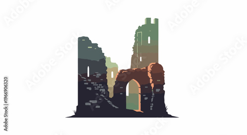 Stylized pixelated ruins of a medieval stone structure with an archway