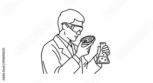 Scientist examines petri dish and flask in lab coat and goggles