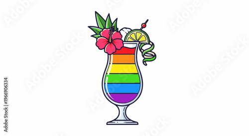 Vibrant rainbow layered cocktail garnished with tropical foliage and fruit
