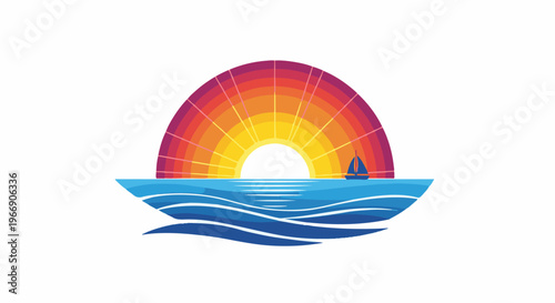 Semicircular sunset over ocean with sailboat