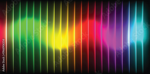 Vibrant Abstract Rainbow Soundwave Background with Glowing Neon Vertical Lines and Fluid Motion Blur Gradient on Black, Futuristic Digital Audio and Technology Concept Light Trails.