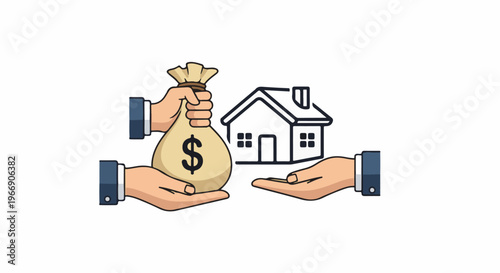 Hands exchange money bag for house drawing