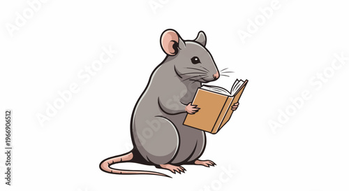 A grey mouse sits, holding an open book and reading intently