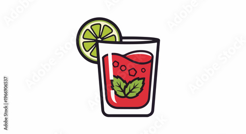 Glass of red beverage with mint and lime slice, served with ice