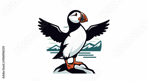 A puffin stands with wings spread, on a rock, against a backdrop of stylized mountains