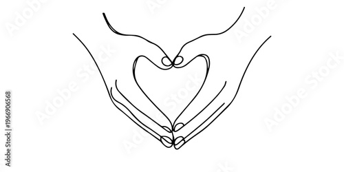 A continuous line drawing of two hands forming a heart shape, Two hands forming a heart shape. Used to express love and support. The heart being made through two hands being curved into a C-shape pro.