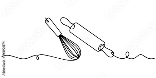 Continuous one line drawing of a kitchen whisk and a rolling pin for baking and cooking, Whisk and rolling pin kitchen utensils vector one line continuous drawing illustration. Hand drawn linear cook.