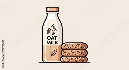A bottle of oat milk next to a stack of three oat cookies