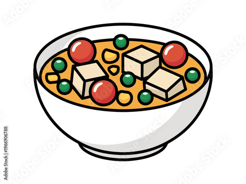 Simple cartoon of a white bowl filled with yellow soup tofu peas and tomatoes food