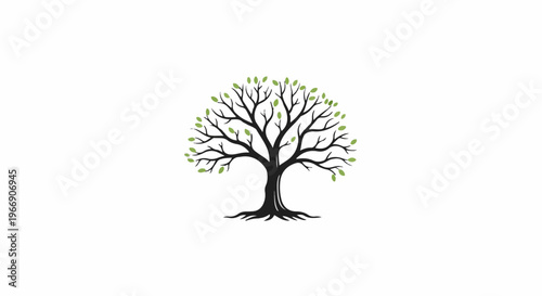 Stylized black tree with green leaves and spreading roots on a white background