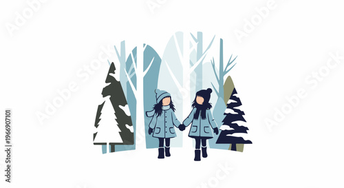 Two children in winter coats walk hand-in-hand through a snowy forest