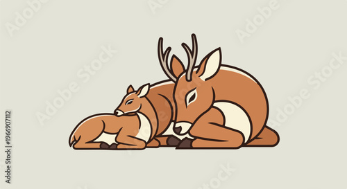 Two deer, one adult with antlers and a fawn, resting together