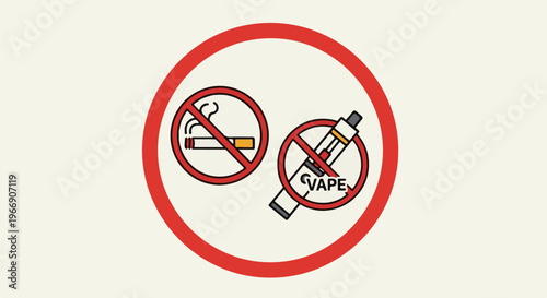 Circular sign with no smoking and no vaping symbols, on neutral background
