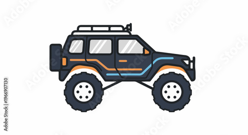 Stylized dark off-road vehicle with large tires and roof rack