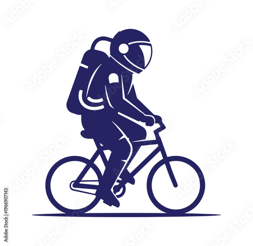 Astronaut riding bicycle with oxygen tank on back in space suit