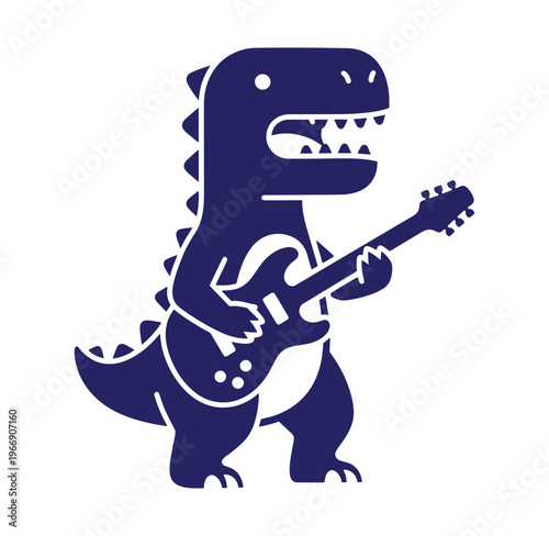 blue dinosaur playing electric guitar on white background