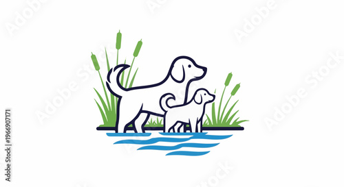 Two dogs and cattails by a body of water