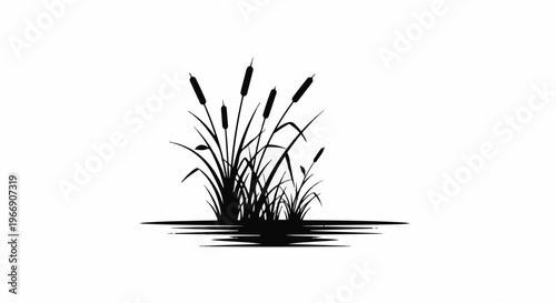 Black silhouette of cattails growing in water with reflections