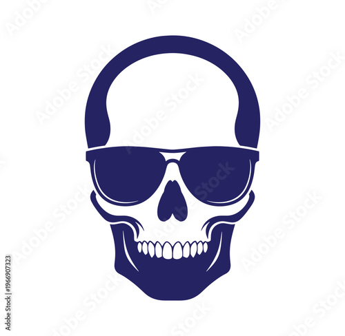 Blue skull wearing sunglasses and headphones on white background