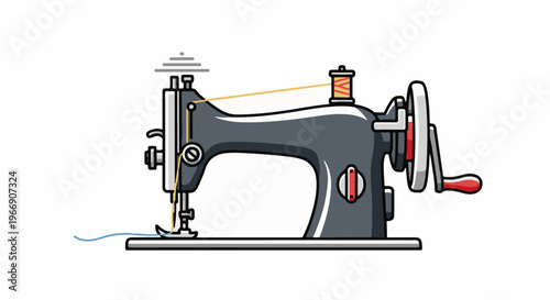 Stylized illustration of a vintage sewing machine with thread