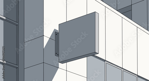 Blank square sign attached to a modern building's facade