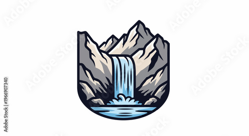 Stylized mountains with a waterfall cascading into a blue pool