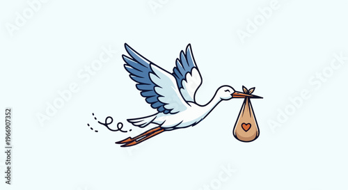 Whimsical stork delivering a baby bundle with a heart emblem