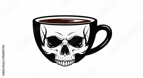 Black coffee cup with a skull design inside, filled with dark liquid