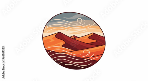 Stylized oval depiction of desert dunes with wind patterns under a hazy sky