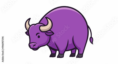 A cartoon illustration of a plump purple bull with curved horns